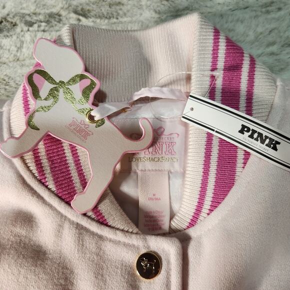 VS PINK x LoveShackFancy Pink and White College Boyfriend Varsity Jacket Size M - Picture 7 of 8